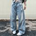 Women's Clothing Distressed Washed Wide-Leg Jeans For Women - Vintage Streetwear High Waist Loose Fit Denim Pants With Raw Hem Details_mkmklike.com