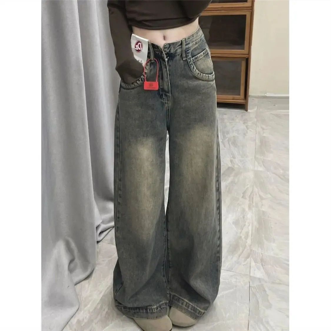 American Retro Washed Jeans For Women Winter Fleece Lined Thickened High Waist Straight Wide Leg Draped Long Pants_mkmklike.com