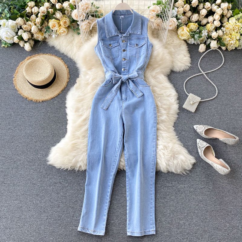ins women's retro breasted lace-up waist slimming straight wide-leg pants denim jumpsuit for women_mkmklike.com