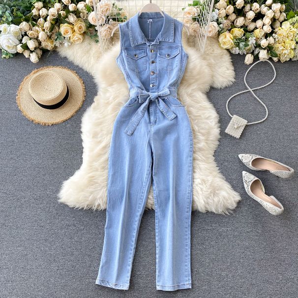 ins women's retro breasted lace-up waist slimming straight wide-leg pants denim jumpsuit for women_mkmklike.com