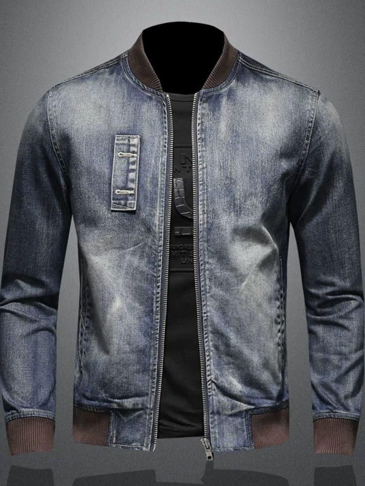 Venom Men's 2024 Autumn New Vintage Denim Coat European And American Motorcycle Jacket With Warm Stand-up Collar_mkmklike.com