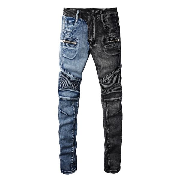 Men's Clothing Jeans European And American Trendy Brand Motorcycle Jeans Men's High Street Riding Style Splicing Tights Men 1052_mkmklike.com
