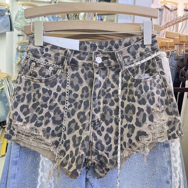 Leopard Print High-Waisted Denim Shorts for Women Summer 2026 European American Style Irregular Ripped And Frayed Wide Leg Hot Pants_mkmklike.com