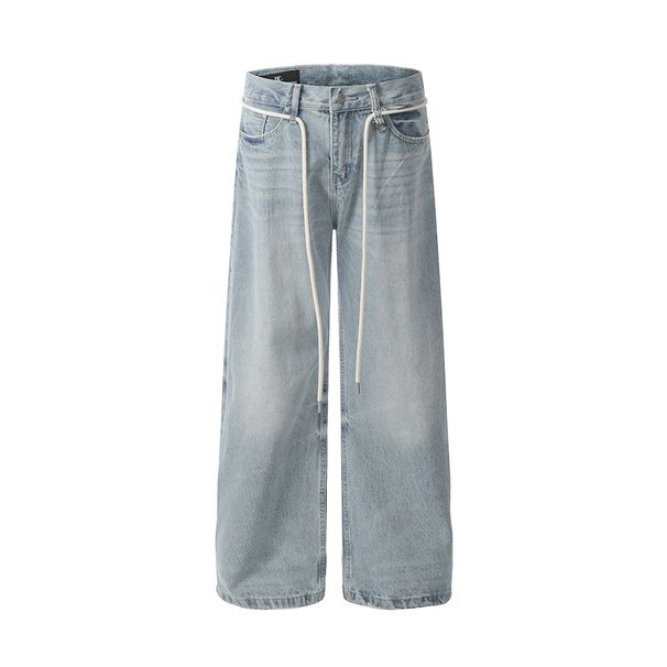 Gradient Washed Denim Wide-Leg Pants Men's High Street Trend Waist Rope Decoration Distressed Frayed Straight-Leg_mkmklike.com