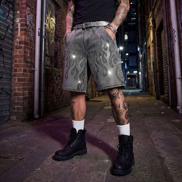 Men's Flame & Rhinestone Embroidered Denim Shorts – Customizable Streetwear (Dark Grey, S-XL) | Hip-Hop Fashion_mkmklike.com