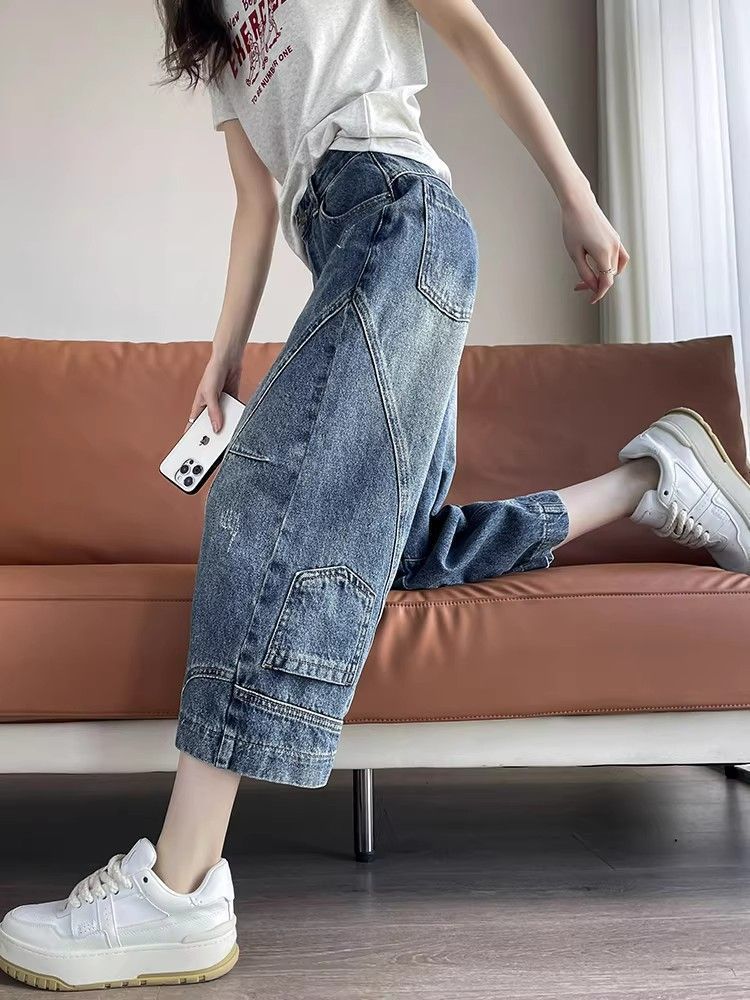 Women's Thin Patchwork Curved Blade Jeans Wide Leg Pants American Style Cropped Petite Summer 2026_mkmklike.com