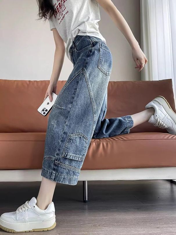 Women's Thin Patchwork Curved Blade Jeans Wide Leg Pants American Style Cropped Petite Summer 2026_mkmklike.com