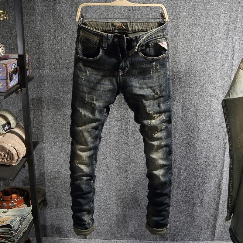 Men's Dark Retro Slim Fit Jeans European American Style Distressed Skinny Washed Trendy Stretchy Versatile Midweight Cotton Long_mkmklike.com