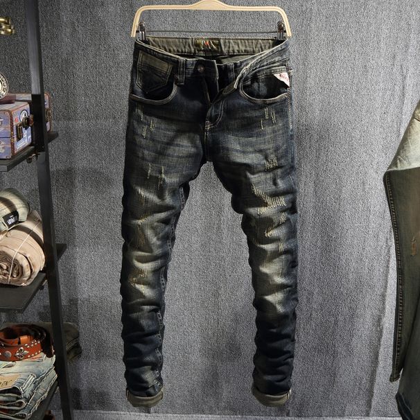 Men's Dark Retro Slim Fit Jeans European American Style Distressed Skinny Washed Trendy Stretchy Versatile Midweight Cotton Long_mkmklike.com