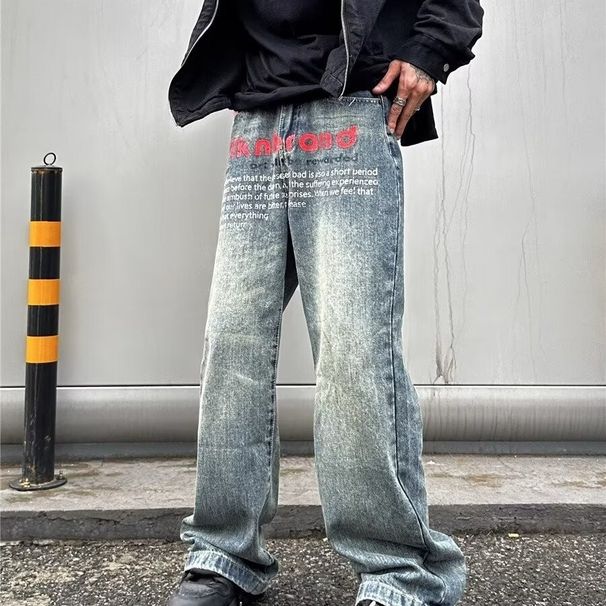 High Street American Alphabet Printed Jeans Men's Niche Retro Trendy Brand Washed Loose Straight Pendant Wide Leg Pants_mkmklike.com