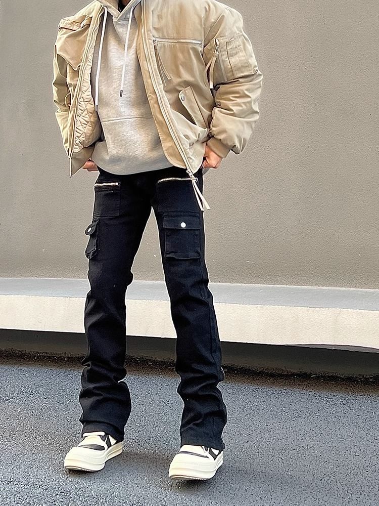 Heavyweight Zip Cargo Jeans – Retro Workwear Pants With Multi-Pockets & Flared Hem (S-XXXL)_mkmklike.com