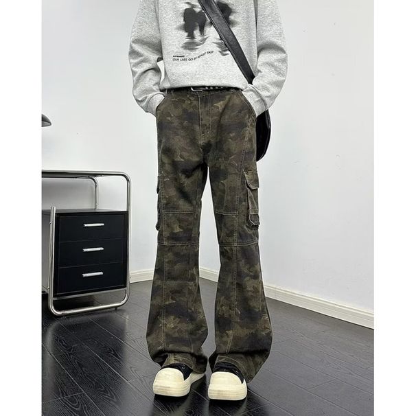 Vintage Camouflage Cargo Jeans For Men & Women - Hip Hop Straight Leg Denim Pants With Multiple Pockets, Relaxed Fit, Spring Casual Wear_mkmklike.com