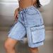 Women's Clothing High Waist Large Pockets Slim Loose Workwear Denim Shorts_mkmklike.com