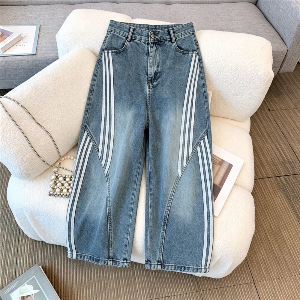 Women's Striped Patchwork Jeans Stylish Sophisticated Design Three Stripes Deconstructed Curved Blade Pattern Denim_mkmklike.com