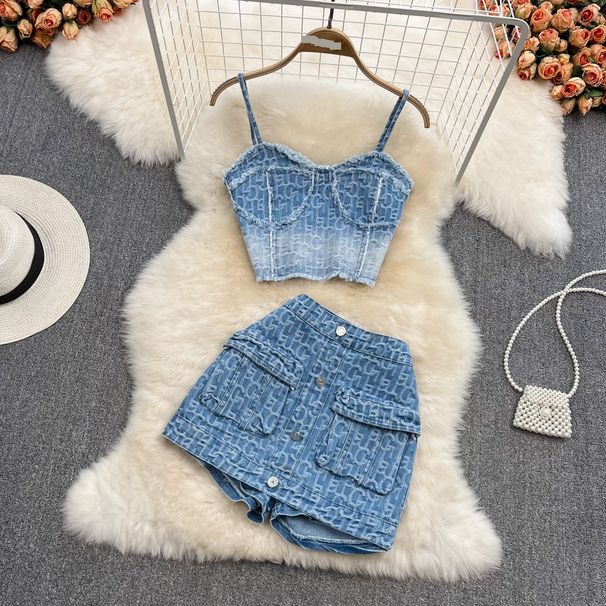 Women's Clothing Waist Slim Wide Leg Shorts Embroidered Denim A Line Hot Pants Two Piece Suspender Top Summer_mkmklike.com