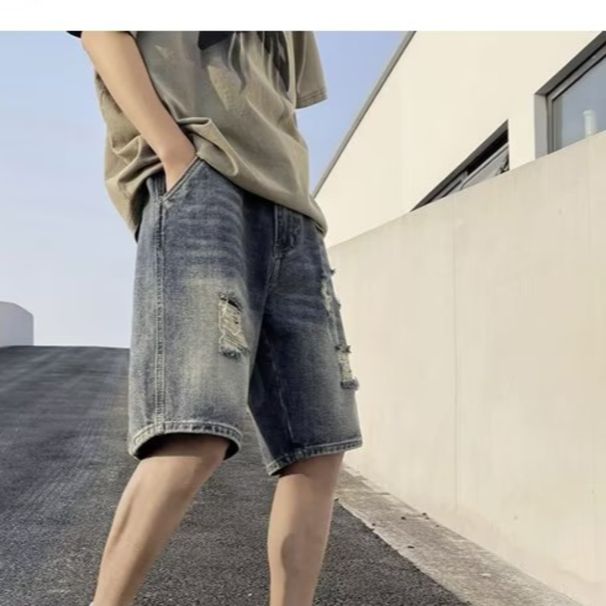 Men's Clothing Summer New Men's Denim Shorts Ripped Trendy Retro Simple All Match Youth Jeans_mkmklike.com