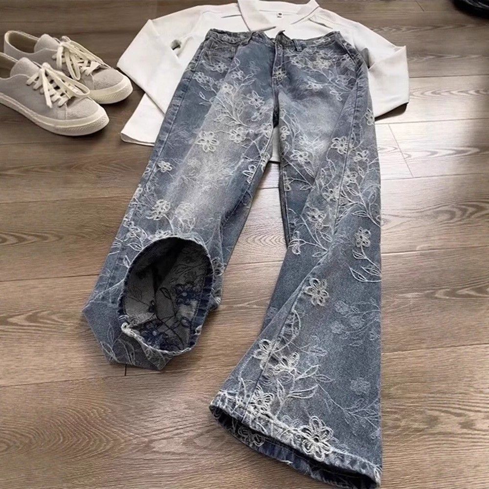 Cleanfit Vintage Embroidered Jeans – Straight Leg, Floral Jacquard, Retro Washed Denim For Men & Women (S-3XL)_mkmklike.com