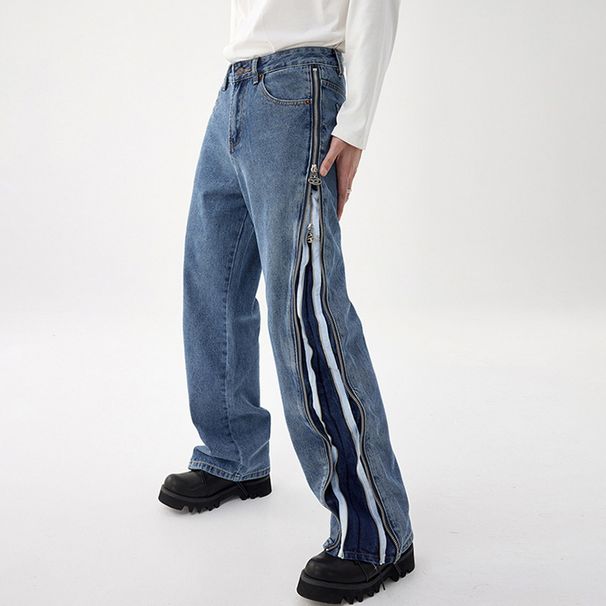Double Zipper Side Stripe Split Jeans Men's Design Trendy Brand Washed High Street Straight Pants Long Trousers_mkmklike.com