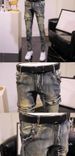 New Trendy Brand Men's Ripped Jeans Trendy Personality Slim Fit Small Feet Long Pants Retro Old Splicing Locomotive_mkmklike.com