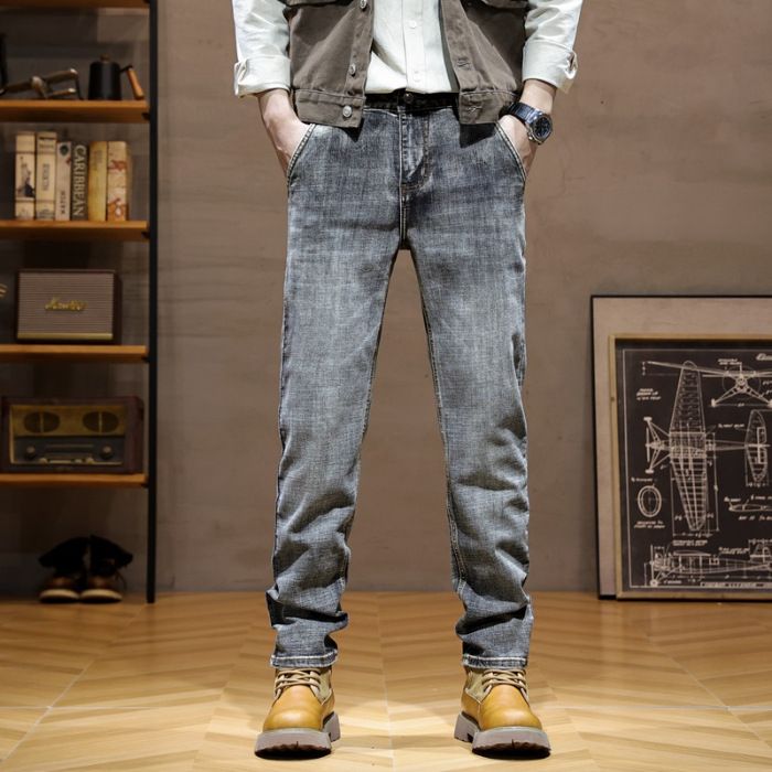 Men's Trendy High End Blue Grey Jeans American Style Minimalist Washed Straight Leg Stretch Anti Theft for Youth_mkmklike.com