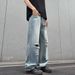 Men's Distressed Jeans High Street Style Washed Light Blue Loose Fitting Wide Leg Floor Length Trousers_mkmklike.com