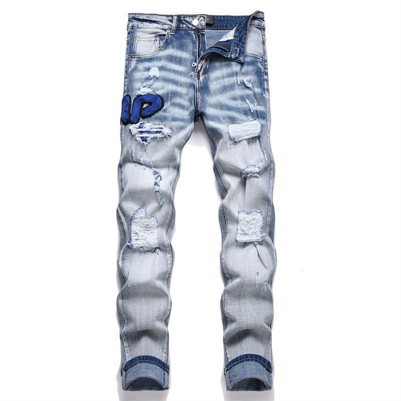 Men's Slim Fit Stretchy Jeans High Street Trendy Distressed Patches Embroidered Whiskers_mkmklike.com