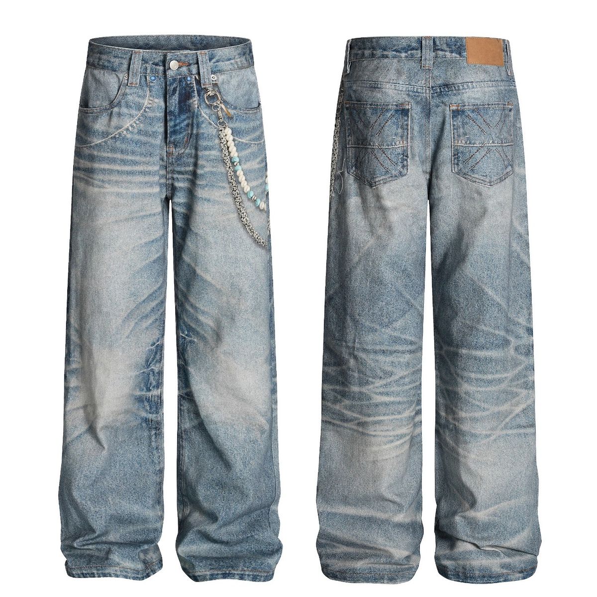 Men's 3D Printed Chain Jeans - Vintage Washed Loose Fit Straight Leg Trousers For Casual Streetwear_mkmklike.com