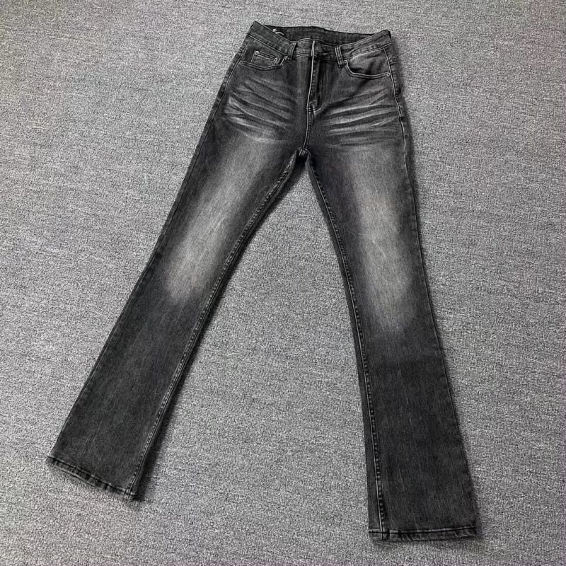 Men's Stretch High-Waisted Flared Jeans - Textured Wave Wash In Black/Grey With Slimming Straight-to-Bootcut Silhouette_mkmklike.com