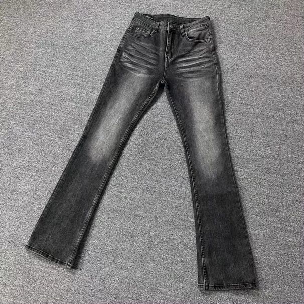 Men's Stretch High-Waisted Flared Jeans - Textured Wave Wash In Black/Grey With Slimming Straight-to-Bootcut Silhouette_mkmklike.com