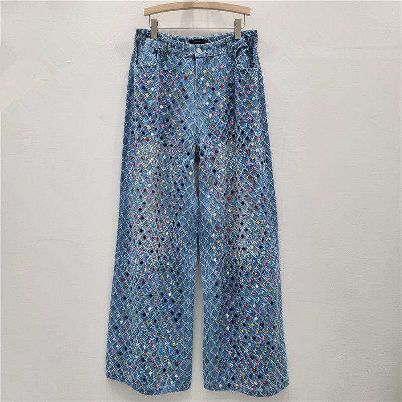 Vintage Checkerboard Rhinestone Flare Jeans | High-Waisted Wide-Leg Palazzo Pants | Retro Disco Denim (M-4XL)_mkmklike.com