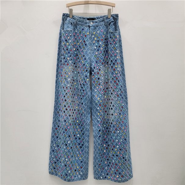 Vintage Checkerboard Rhinestone Flare Jeans | High-Waisted Wide-Leg Palazzo Pants | Retro Disco Denim (M-4XL)_mkmklike.com