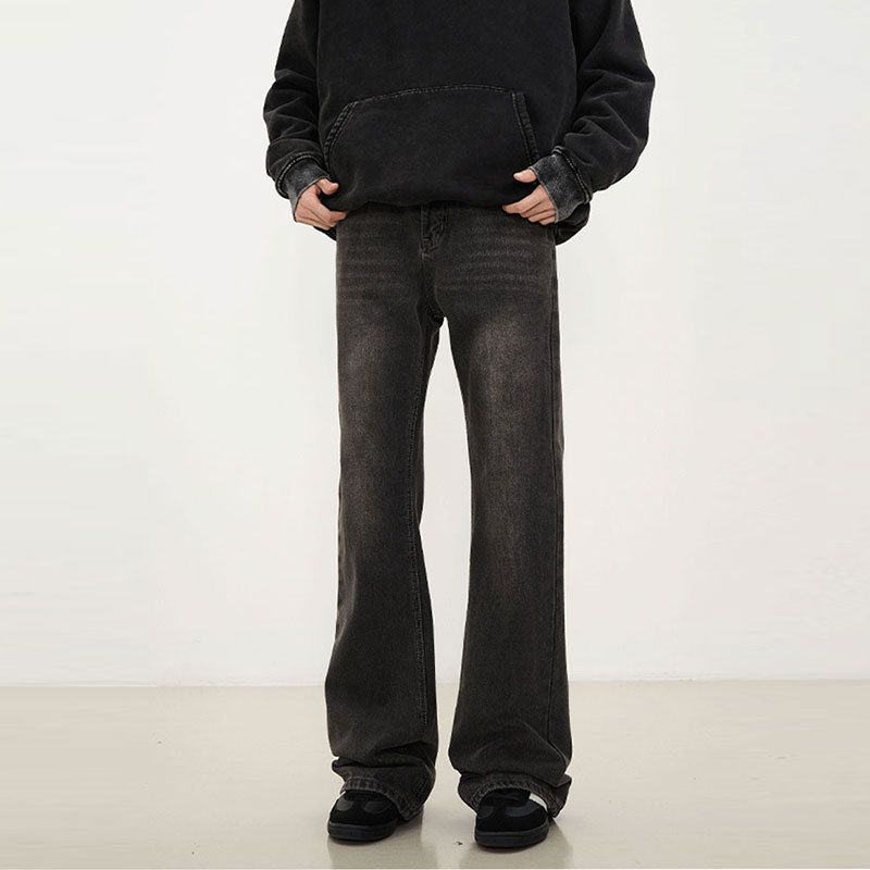 Men's Clothing Retro American Style Bootcut Jeans - Vintage Washed Straight Leg Denim Pants For Hip-Hop & Cleanfit Outfits (Dark Grey)_mkmklike.com