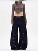 High Street Blue Denim Pants With Button Details - Oversized Flared Jeans For Men & Women, Vintage Washed Wide Leg Streetwear Trousers_mkmklike.com