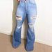 Light Blue Plus Size Stretch Ripped Jeans Wide Leg Flare Denim For Women Regular Thickness Solid Color England Style Fashion_mkmklike.com