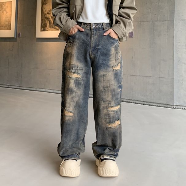 Distressed Denim Jeans For Men - Vintage Washed High Street Wide Leg Baggy Pants With Hand-Painted Details_mkmklike.com