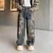 Distressed Denim Jeans For Men - Vintage Washed High Street Wide Leg Baggy Pants With Hand-Painted Details_mkmklike.com