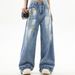 Unisex Washed Straight-Leg Denim Pants With Graffiti Paint Splatter Design, Loose Fit Wide Leg Jeans For Casual Street Style_mkmklike.com