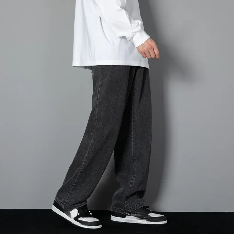 New Korean Men's Casual Long Jeans Classic Straight Denim Wide Leg Pants Solid Color Baggy Male Student Trousers_mkmklike.com
