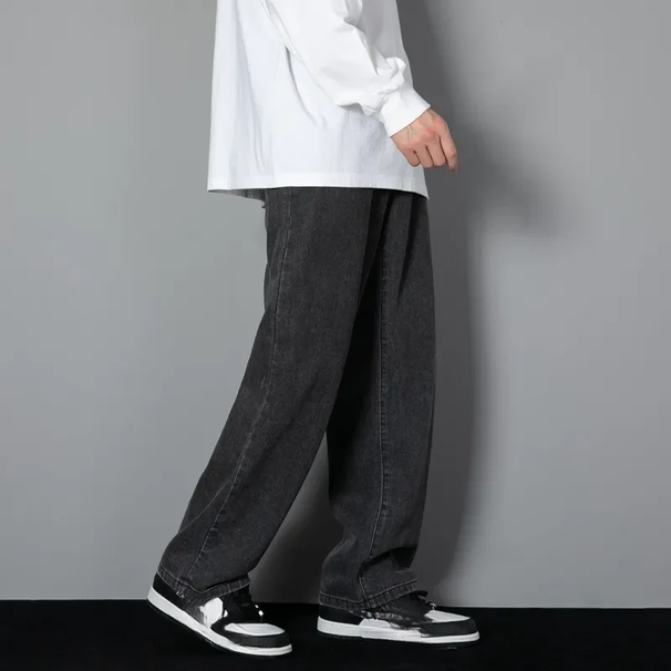 New Korean Men's Casual Long Jeans Classic Straight Denim Wide Leg Pants Solid Color Baggy Male Student Trousers_mkmklike.com