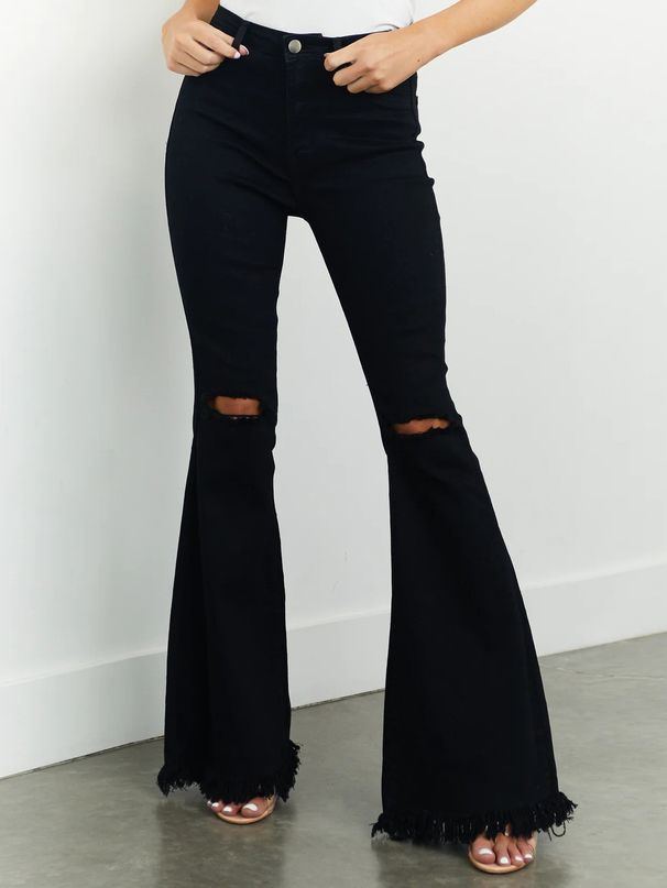 Women's Clothing Women's High-Waisted Stretch Flared Jeans - Distressed Retro Bootcut Denim Pants With Fringe Hem (Blue & Black)_mkmklike.com