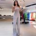 Women's Clothing summer new fashion slanted shoulder collar waist solid color wide leg jumpsuit for women_mkmklike.com