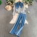 Stylish Denim Patchwork Jacket & High-Waisted Striped Pants Set – Distressed Fringe & Slim-Fit Design For Effortless Chic (M/L/XL/2XL)_mkmklike.com