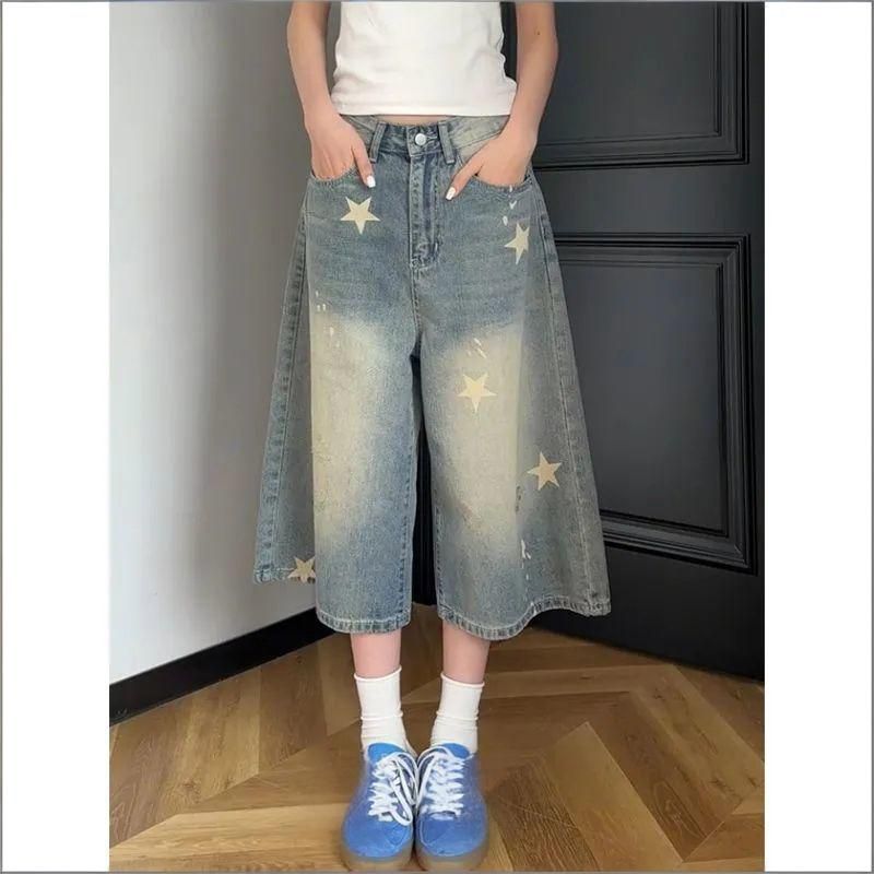 Women's Clothing Women's High-Waisted Cropped Shorts Retro Denim Star Print Loose Casual Straight Leg Wide Leg Pants Summer Washed_mkmklike.com