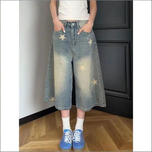 Women's Clothing Women's High-Waisted Cropped Shorts Retro Denim Star Print Loose Casual Straight Leg Wide Leg Pants Summer Washed_mkmklike.com
