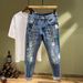 Cross-border Nine-point Jeans Men's Slim Fit Small Feet 2023 New Men's Casual Splash-ink Hole Trend Jeans_mkmklike.com