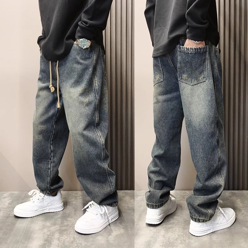 Men's Vintage Washed Relaxed-Fit Jeans – Distressed Denim Pants With Gradient Color & Rope Closure For Casual Streetwear_mkmklike.com