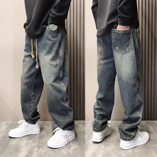 Men's Vintage Washed Relaxed-Fit Jeans – Distressed Denim Pants With Gradient Color & Rope Closure For Casual Streetwear_mkmklike.com