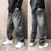Men's Vintage Washed Relaxed-Fit Jeans – Distressed Denim Pants With Gradient Color & Rope Closure For Casual Streetwear_mkmklike.com