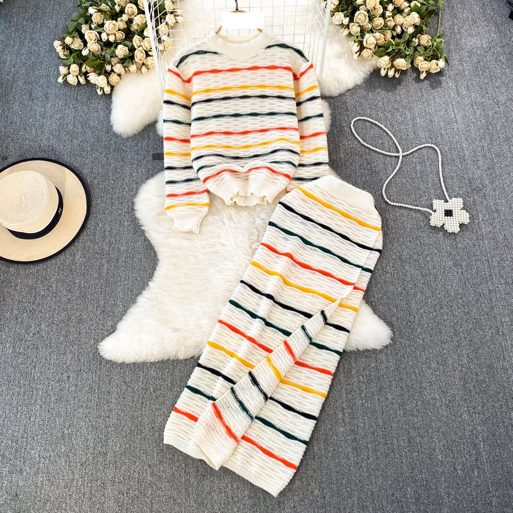 Women's Clothing Women's fashion color contrast knit suit cream ice cream striped top slimming slit skirt_mkmklike.com