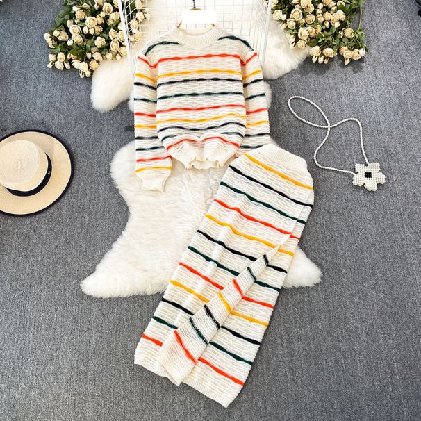 Women's Clothing Women's fashion color contrast knit suit cream ice cream striped top slimming slit skirt_mkmklike.com
